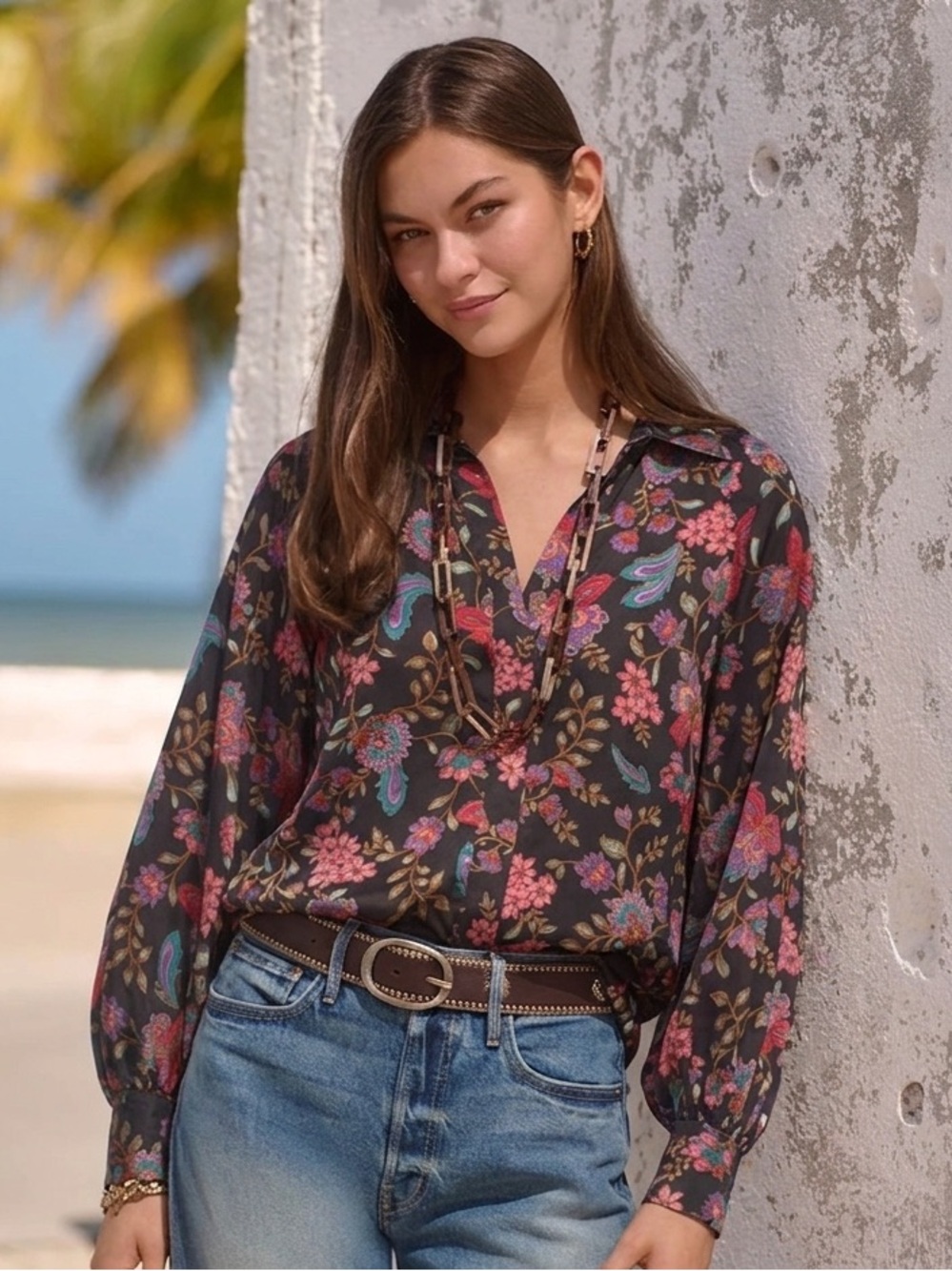 Misa Los Angeles Black Floral V-Neck Blouse $280 XS
